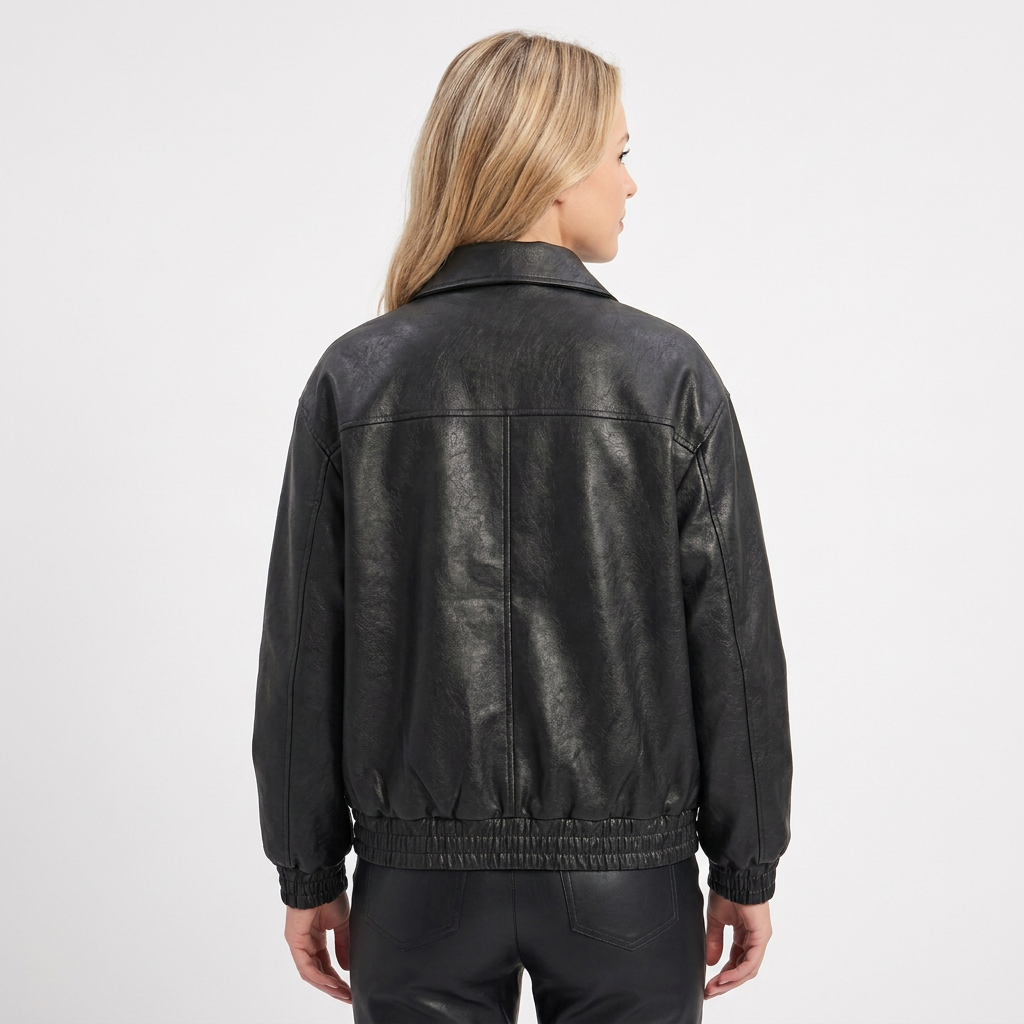 Women's Bomber Jacket – Faux Leather Point Collar Elasticated Hem Zip