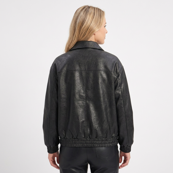 Women's Bomber Jacket – Faux Leather Point Collar Elasticated Hem Zip