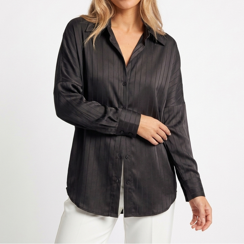 Women's Oversized Satin Stripe Shirt – Long Sleeve Button Up Blouse