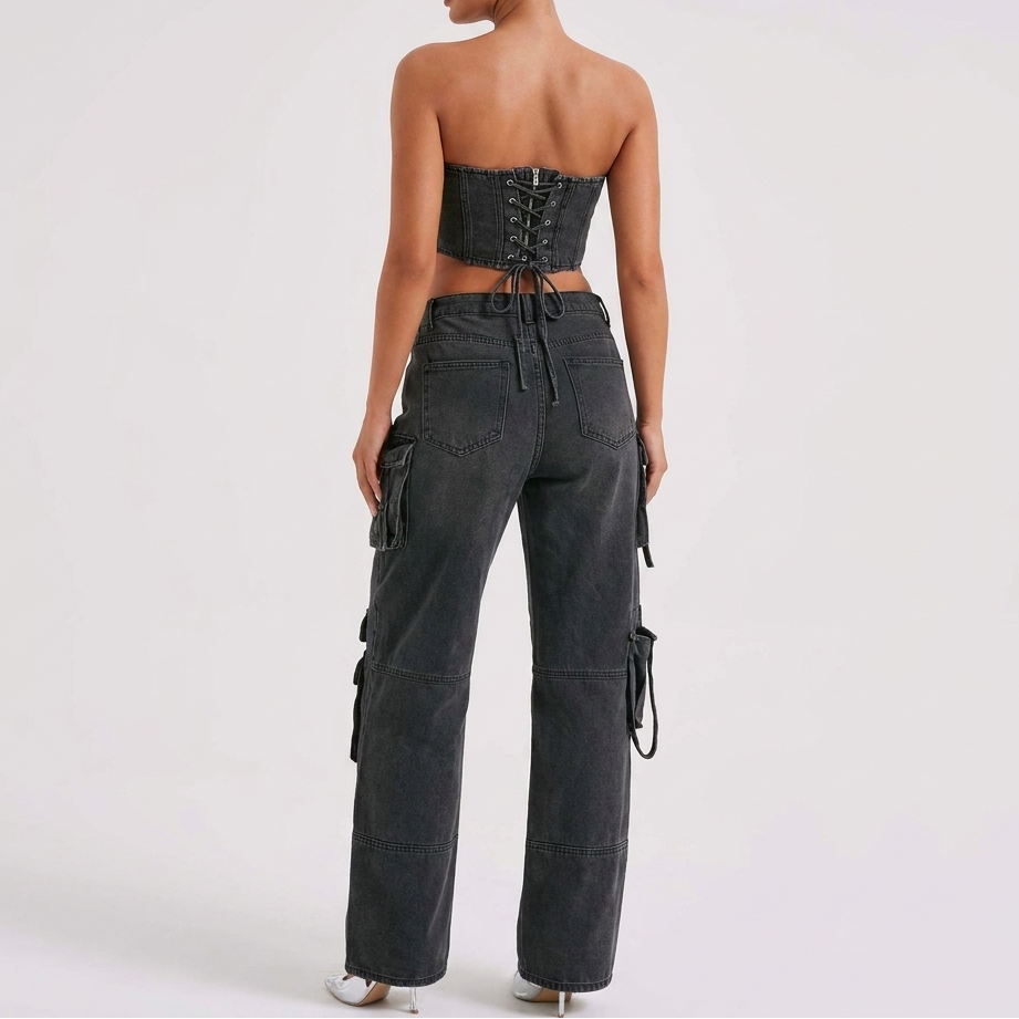 Women's Denim Two Piece Set Strapless Corset Top Cargo Jeans Outfit