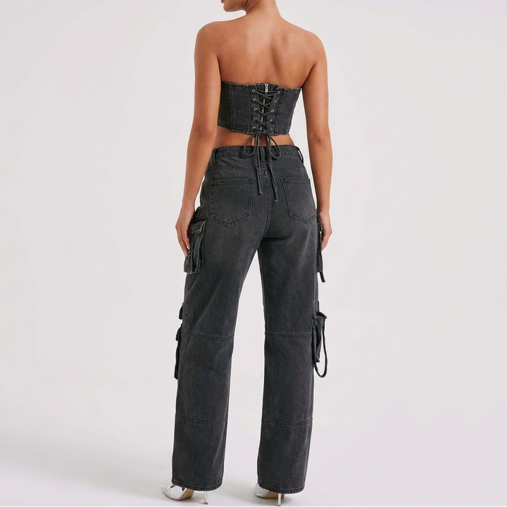 Women's Denim Two Piece Set Strapless Corset Top Cargo Jeans Outfit