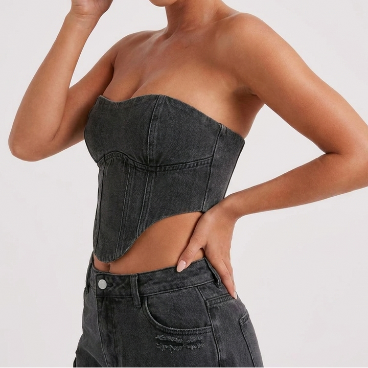 Women's Denim Two Piece Set Strapless Corset Top Cargo Jeans Outfit
