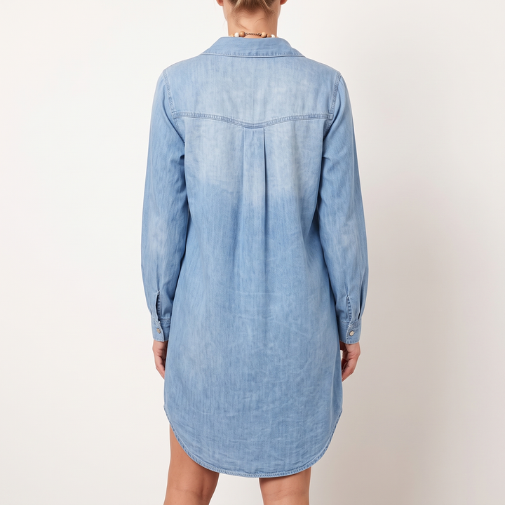 Women's Denim Long-Sleeve Button-Front Shirt Dress Chest-Pocket Curved-Hem
