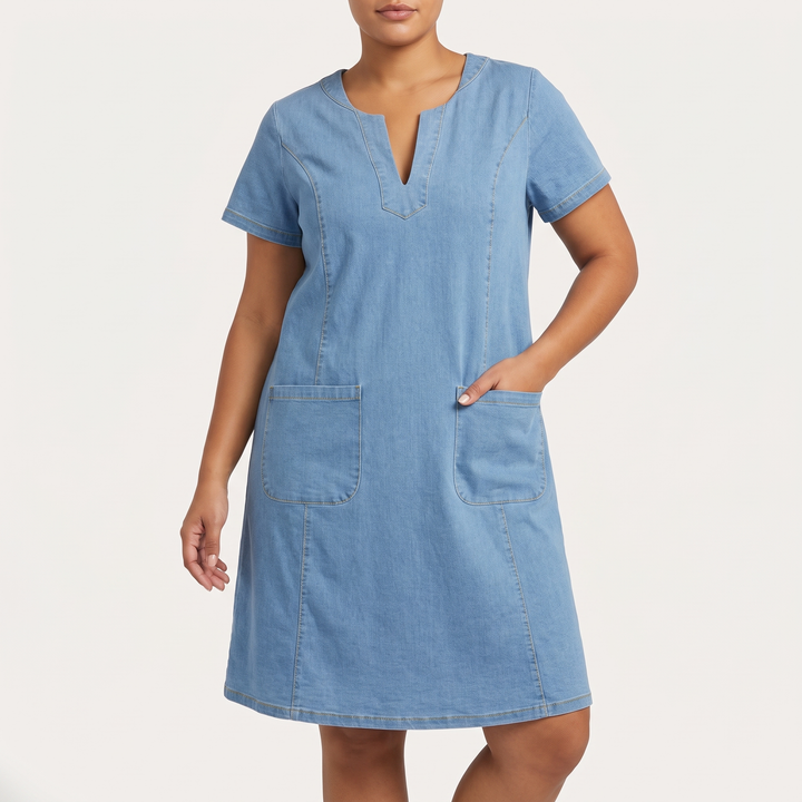 Women's Denim Notch-Neck Short-Sleeve Shift Dress Patch-Pocket Mini
