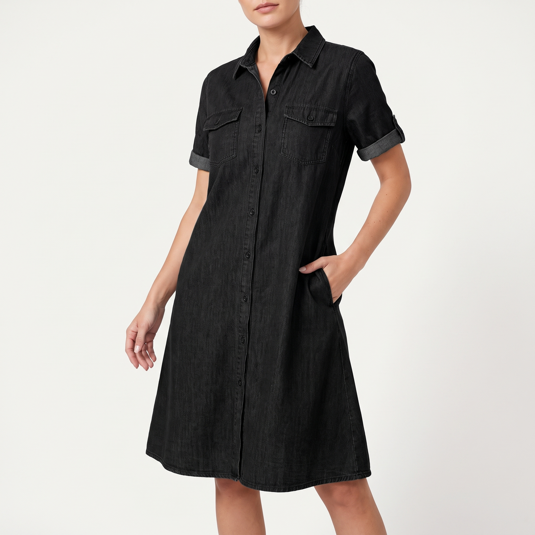 Women's Button-Front Shirt Dress Roll-Sleeve Chest-Pocket Midi