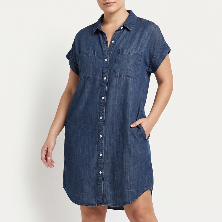 Women's Denim Button-Front Shirt Dress Roll-Sleeve Chest-Pocket Mini