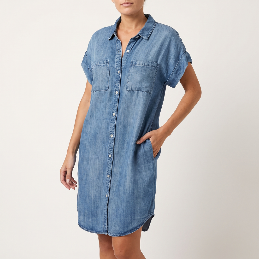 Women's Denim Button-Front Shirt Dress Roll-Sleeve Chest-Pocket Mini
