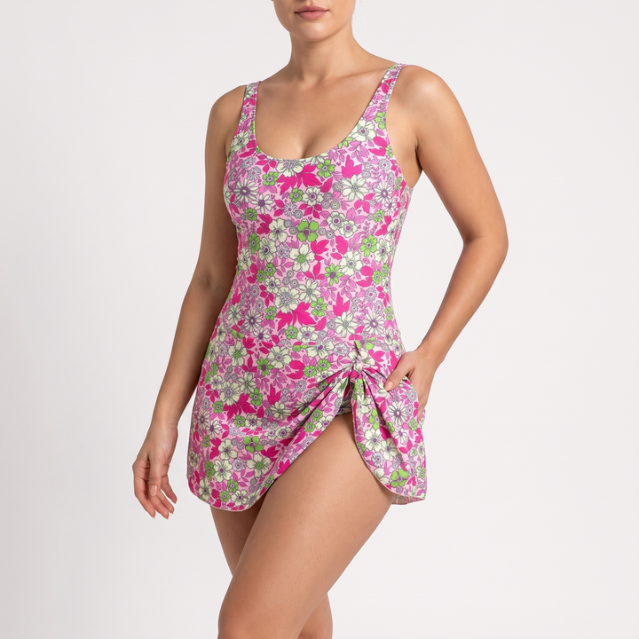Women's Floral Print Swim Dress Scoop-Neck Tie-Side Skirt