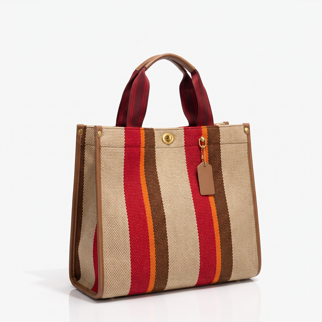Women's Striped Canvas Tote Bag Turn-Lock Charm-Detail