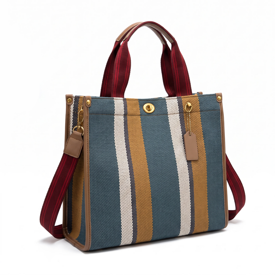 Women's Striped Canvas Tote Bag Turn-Lock Charm-Detail