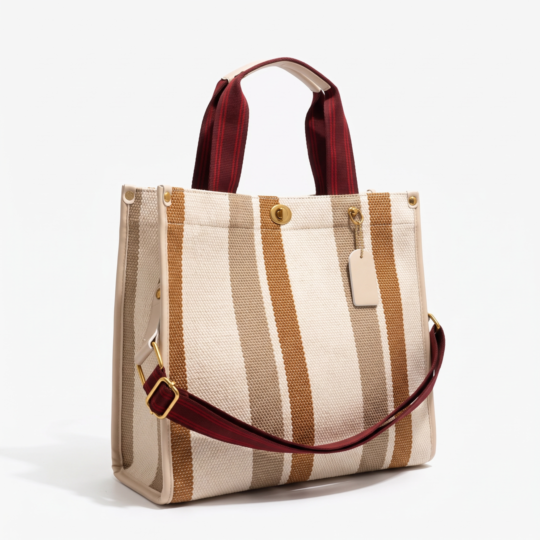 Women's Striped Canvas Tote Bag Turn-Lock Charm-Detail