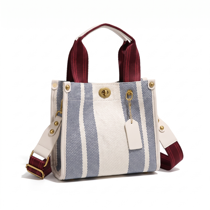 Women's Striped Canvas Tote Bag Turn-Lock Charm-Detail