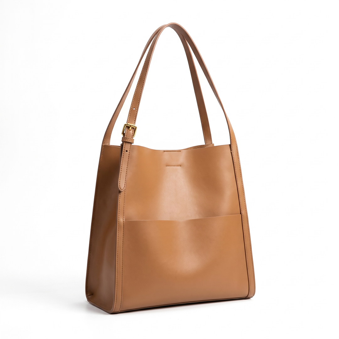Women's Leather Tote Bag Dual-Handle Front-Pocket