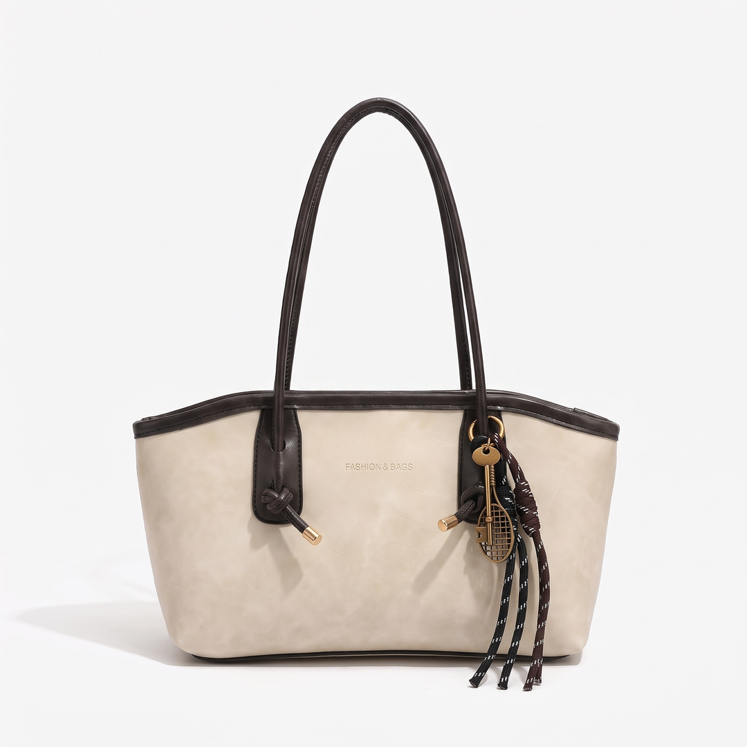 Women's Leather Tote Bag Long-Strap Tassel-Charm Structured
