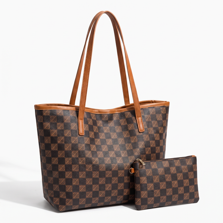 Women's Checkered Print Tote Bag Zip-Pouch Set Dual-Handle