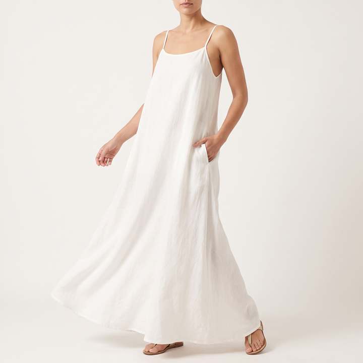 Women's Linen Strappy Maxi Sundress Gathered-Neck Side-Pocket