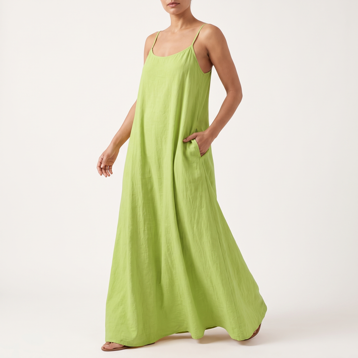 Women's Linen Strappy Maxi Sundress Gathered-Neck Side-Pocket