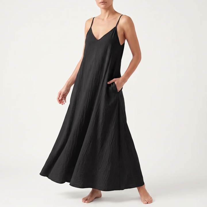 Women's Linen Strappy Maxi Sundress Gathered-Neck Side-Pocket