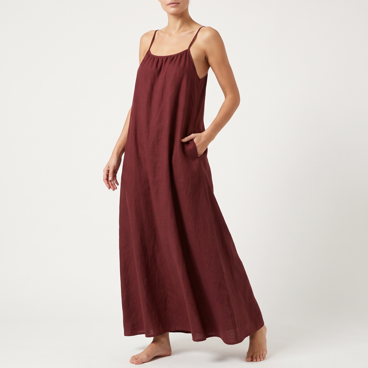 Women's Linen Strappy Maxi Sundress Gathered-Neck Side-Pocket