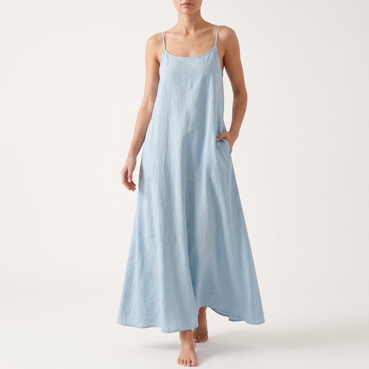 Women's Linen Strappy Maxi Sundress Gathered-Neck Side-Pocket