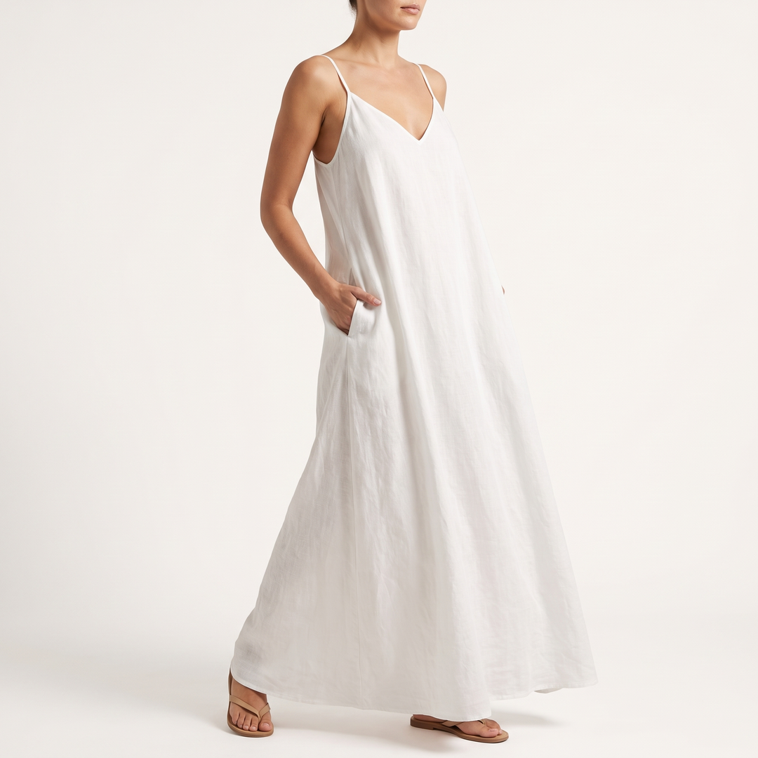 Women's Linen Strappy Maxi Sundress Gathered-Neck Side-Pocket