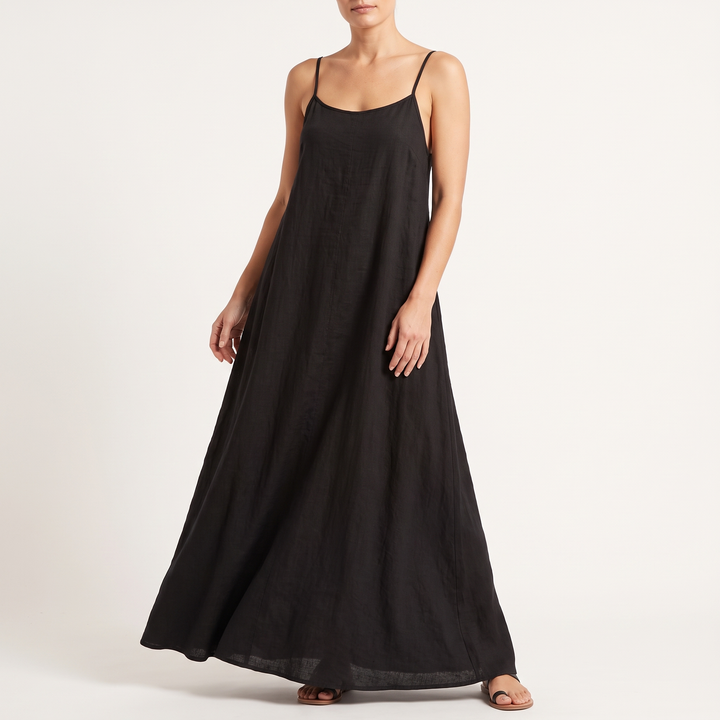 Women's Linen Strappy Maxi Sundress Gathered-Neck Side-Pocket