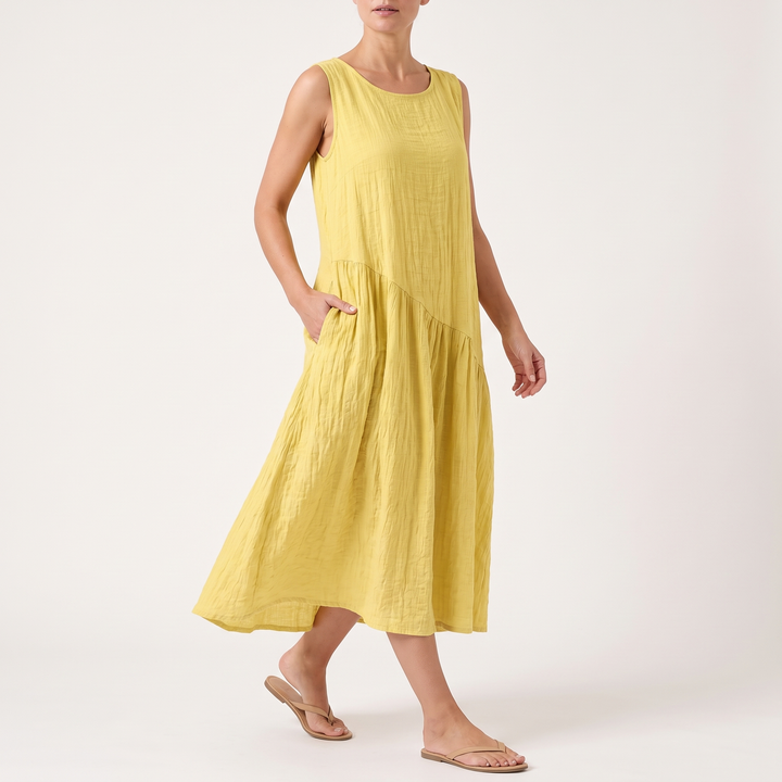 Women's Round-Neck Midi Sundress Asymmetric-Seam Tiered