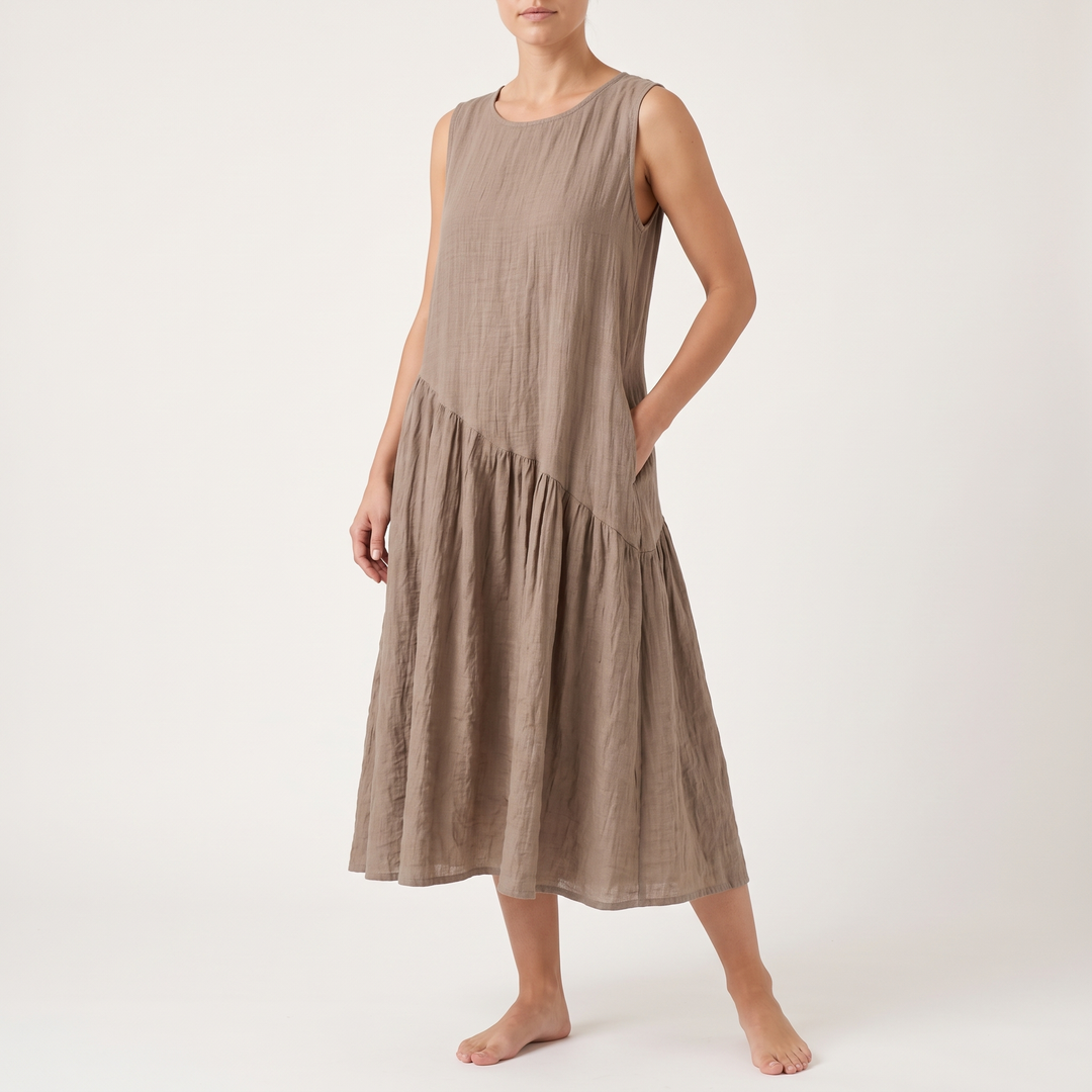 Women's Round-Neck Midi Sundress Asymmetric-Seam Tiered