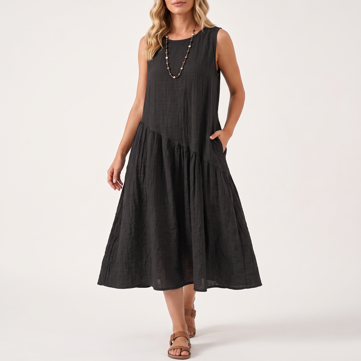Women's Round-Neck Midi Sundress Asymmetric-Seam Tiered