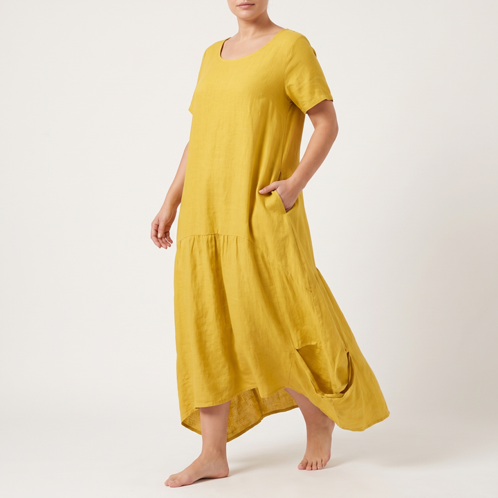 Women's Short-Sleeve Square-Neck Maxi Sundress Tiered Curved-Hem
