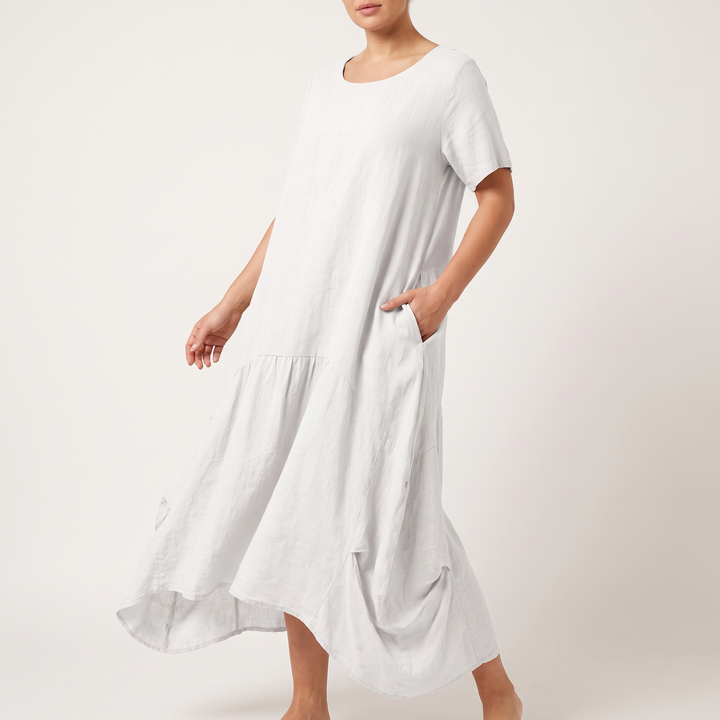 Women's Short-Sleeve Square-Neck Maxi Sundress Tiered Curved-Hem