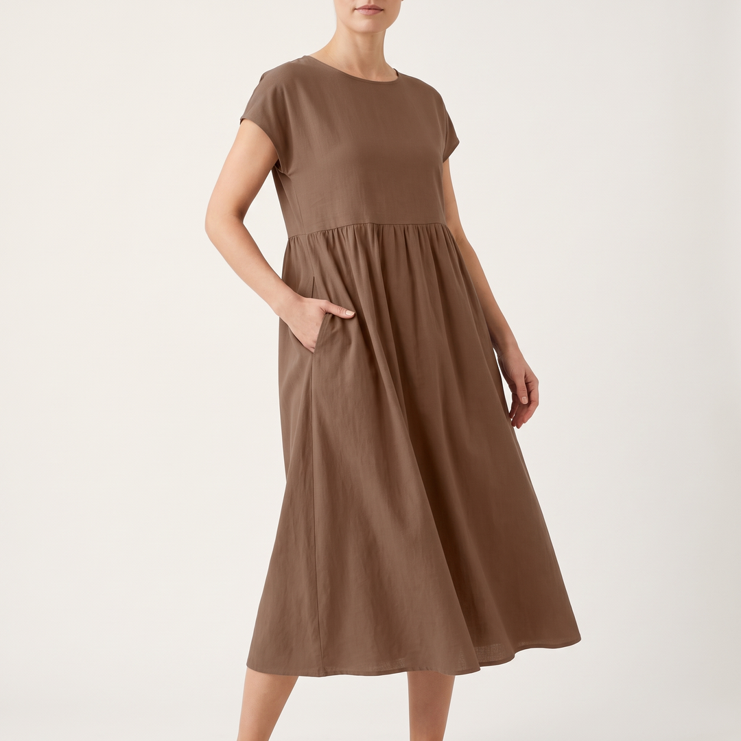 Women's Cap-Sleeve Round-Neck Midi Sundress Gathered-Waist Pocket