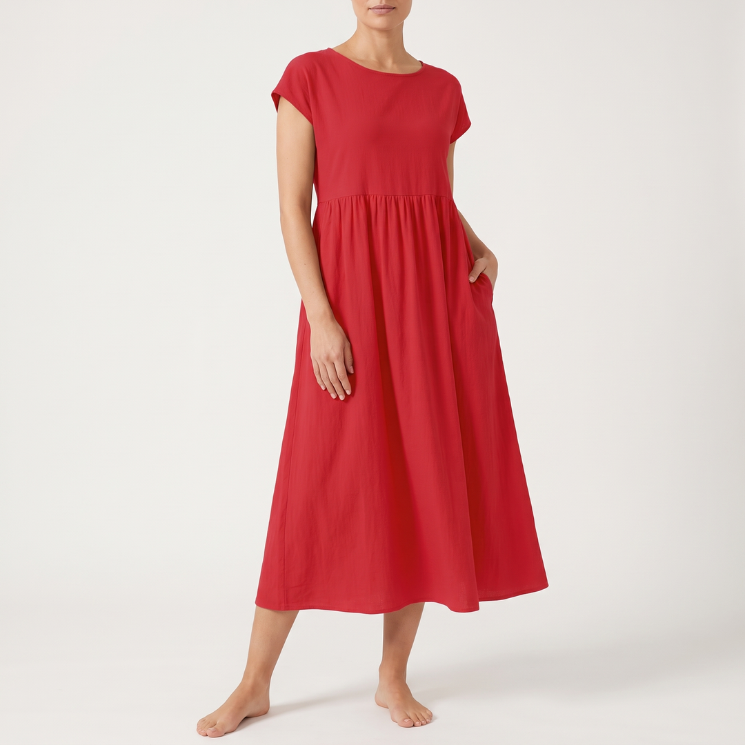 Women's Cap-Sleeve Round-Neck Midi Sundress Gathered-Waist Pocket