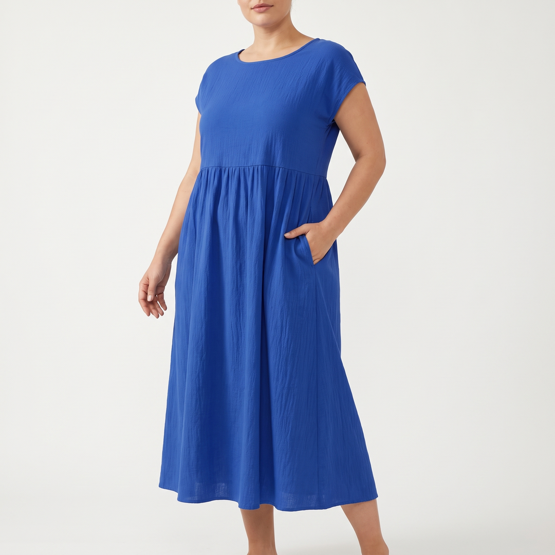 Women's Cap-Sleeve Round-Neck Midi Sundress Gathered-Waist Pocket