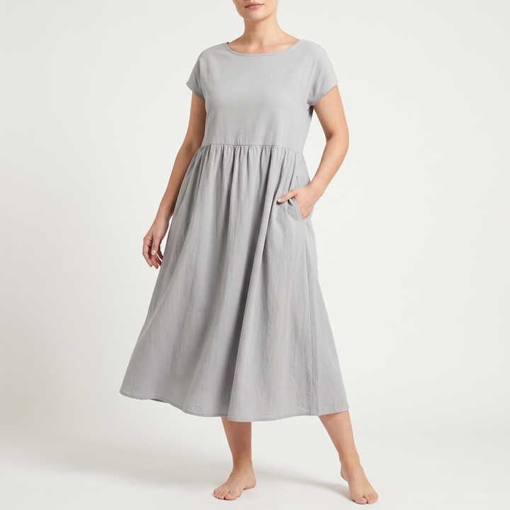 Women's Cap-Sleeve Round-Neck Midi Sundress Gathered-Waist Pocket