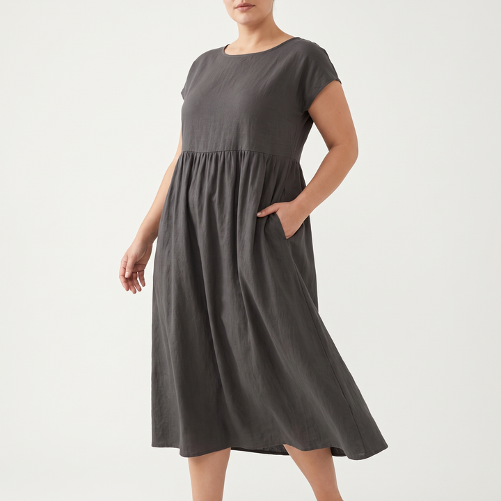 Women's Cap-Sleeve Round-Neck Midi Sundress Gathered-Waist Pocket