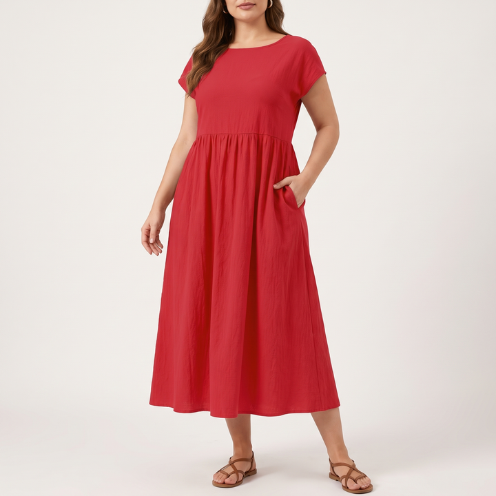 Women's Cap-Sleeve Round-Neck Midi Sundress Gathered-Waist Pocket