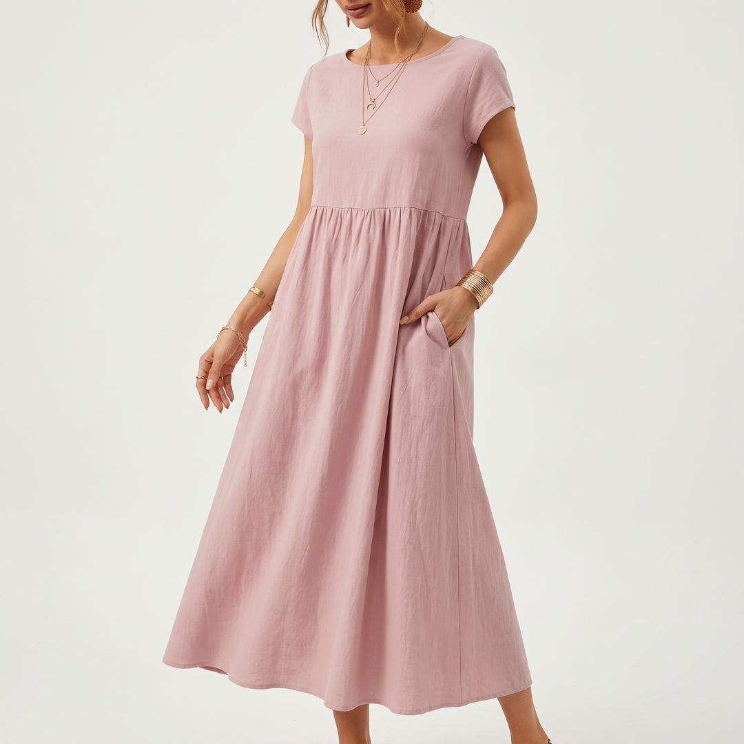 Women's Cap-Sleeve Round-Neck Midi Sundress Gathered-Waist Pocket