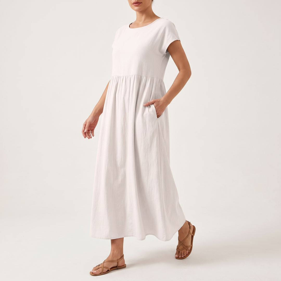 Women's Cap-Sleeve Round-Neck Midi Sundress Gathered-Waist Pocket