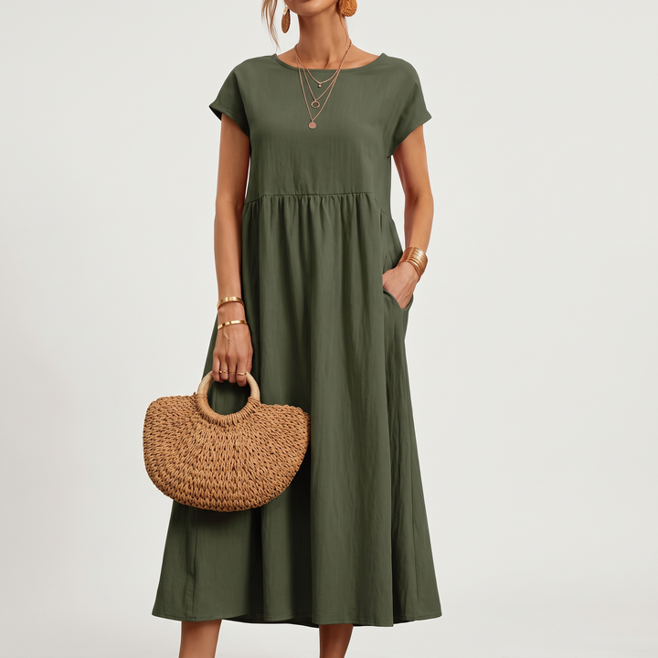 Women's Cap-Sleeve Round-Neck Midi Sundress Gathered-Waist Pocket