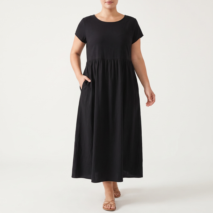 Women's Cap-Sleeve Round-Neck Midi Sundress Gathered-Waist Pocket