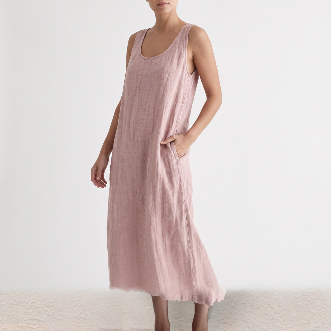 Women's Sleeveless Scoop-Neck Midi Sundress Curved-Hem Pocket