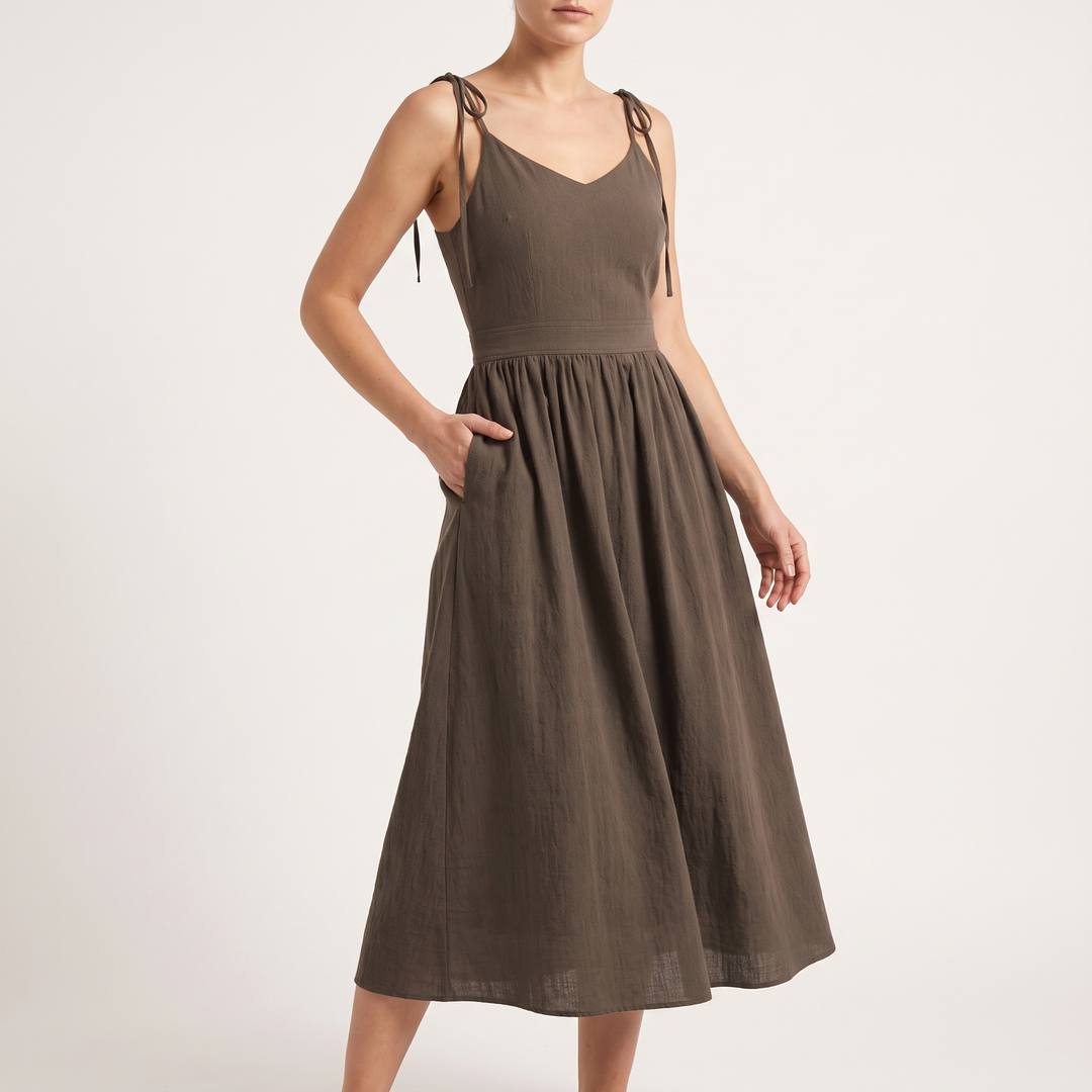 Women's Tie-Shoulder V-Neck Midi Sundress Gathered-Waist