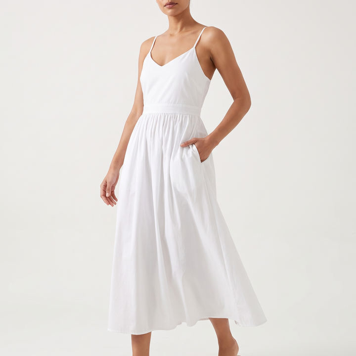Women's Tie-Shoulder V-Neck Midi Sundress Gathered-Waist