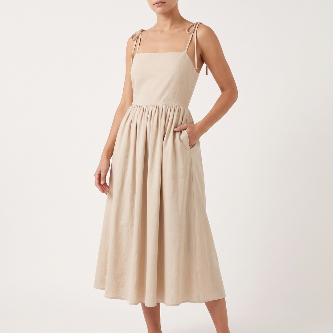 Women's Tie-Shoulder V-Neck Midi Sundress Gathered-Waist