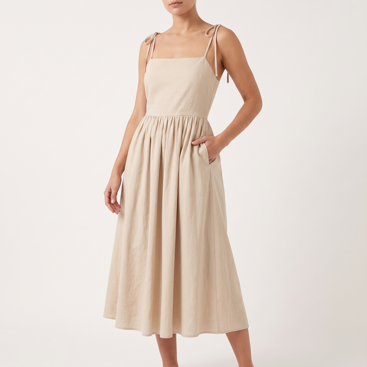 Women's Tie-Shoulder V-Neck Midi Sundress Gathered-Waist