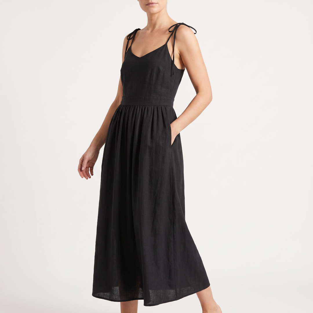 Women's Tie-Shoulder V-Neck Midi Sundress Gathered-Waist