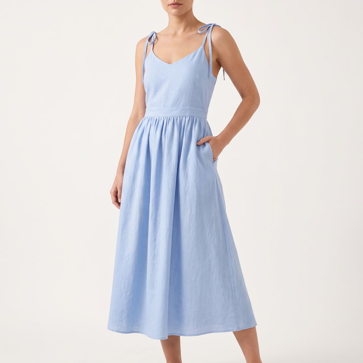Women's Tie-Shoulder V-Neck Midi Sundress Gathered-Waist