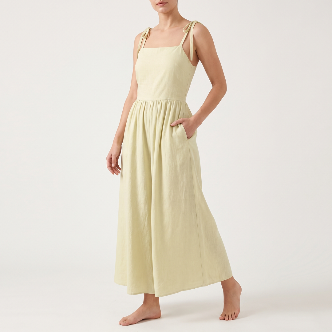 Women's Tie-Shoulder V-Neck Midi Sundress Gathered-Waist