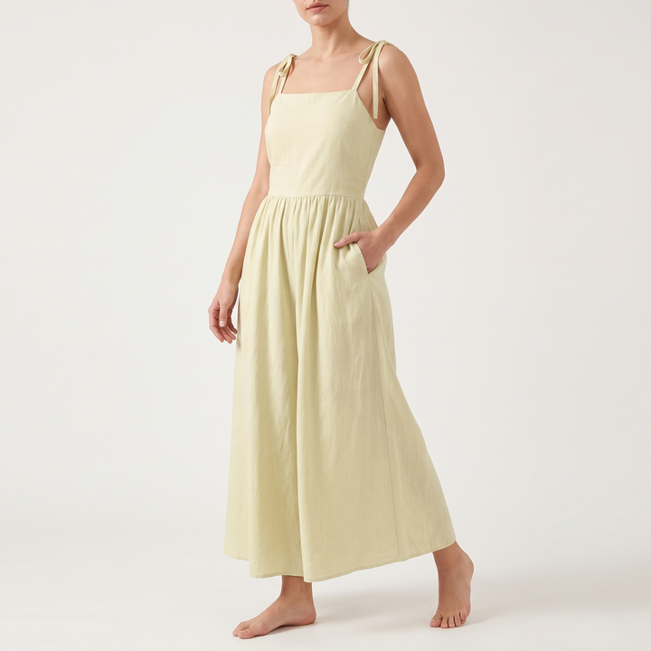 Women's Tie-Shoulder V-Neck Midi Sundress Gathered-Waist